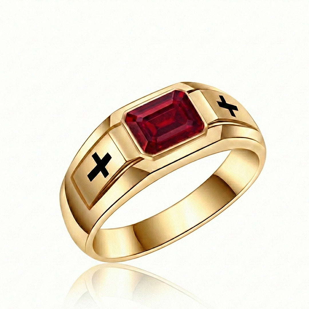 Dominion ruby cross signet band for men 18k yellow gold emerald cut ruby | SARATTI