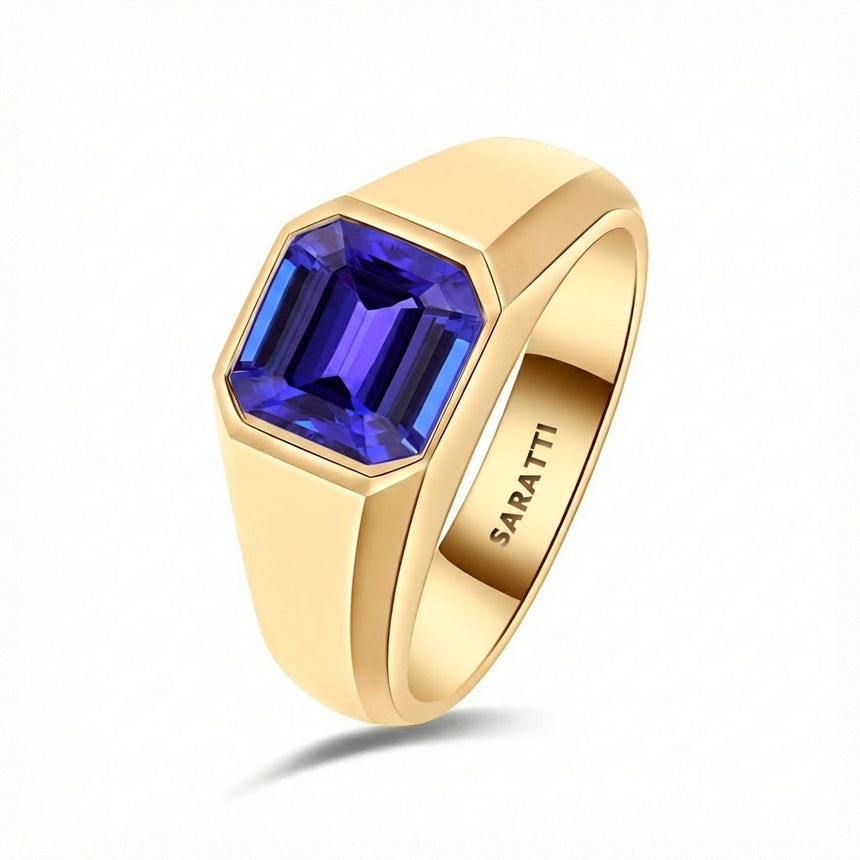Mens tanzanite ring luxury statement ring in 18K yellow gold | SARATTI