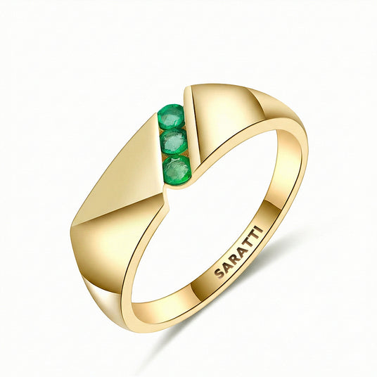 Mens emerald ring luxury three stone channel set wedding band in 18K yellow gold | SARATTI