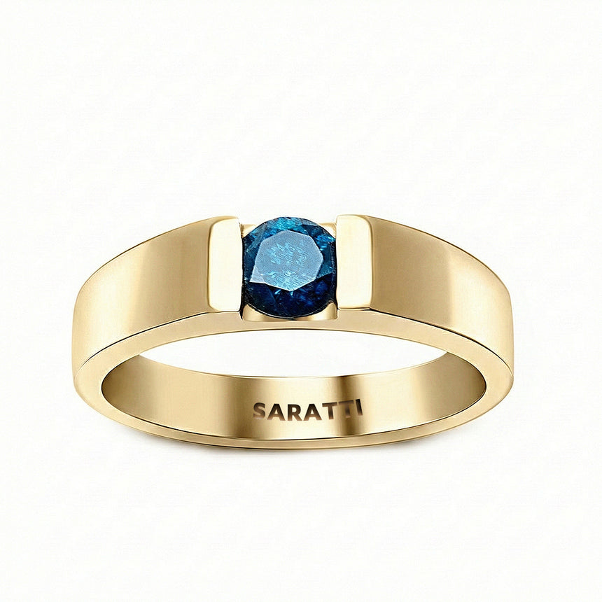 Blue mens wedding band luxury tension set diamond ring in 18K yellow gold | SARATTI