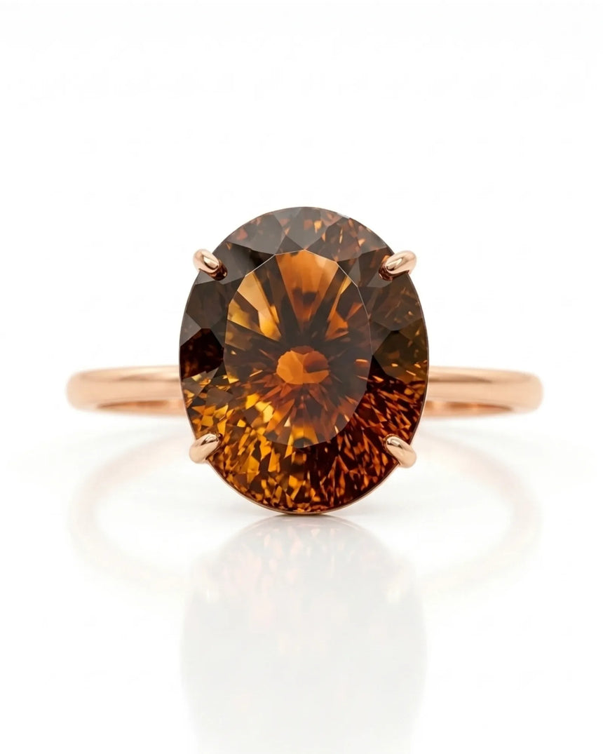 Oval Imperial Topaz solitaire ring with open floral basket and romantic 18K rose gold band - SARATTI