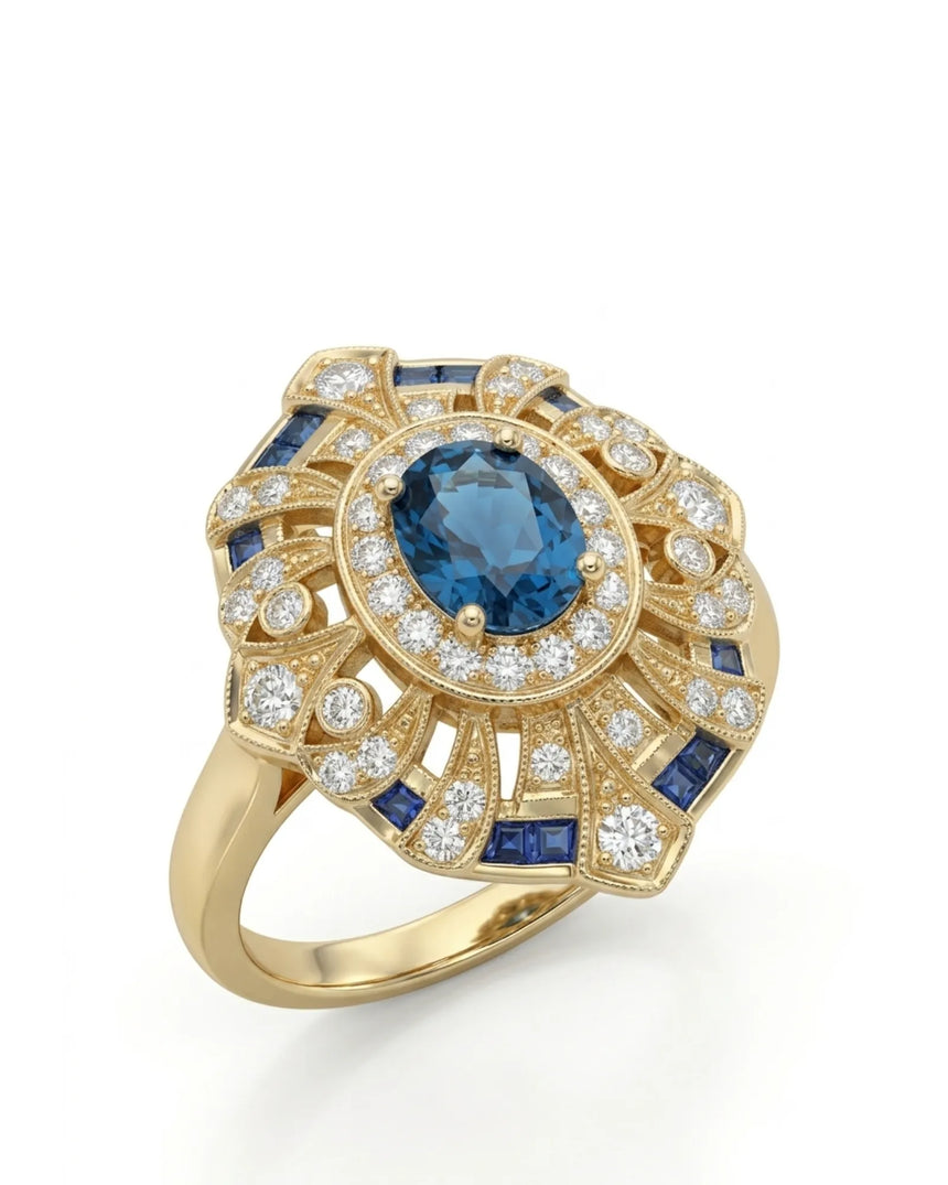 Oval London Blue topaz ring with diamond halo and geometric blue accents in 18K yellow gold | SARATTI