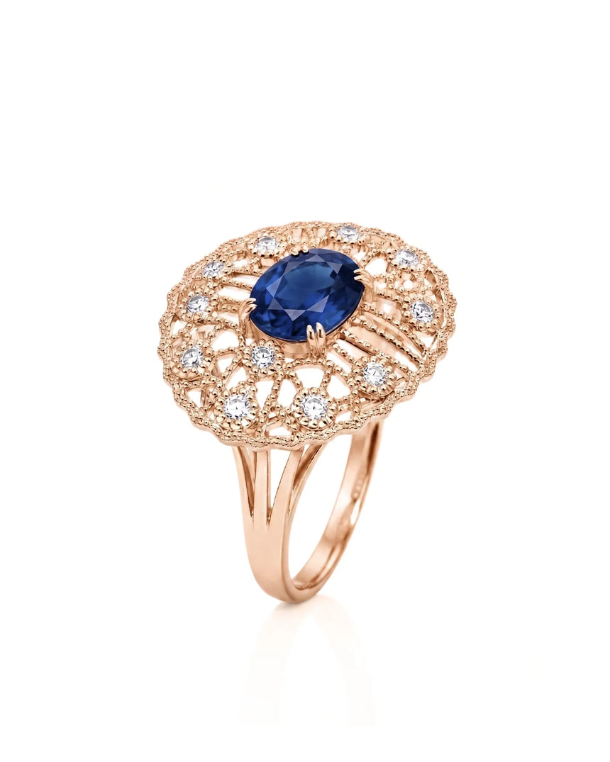 Oval blue sapphire ring with antique filigree diamond accents in 18K rose gold | SARATTI