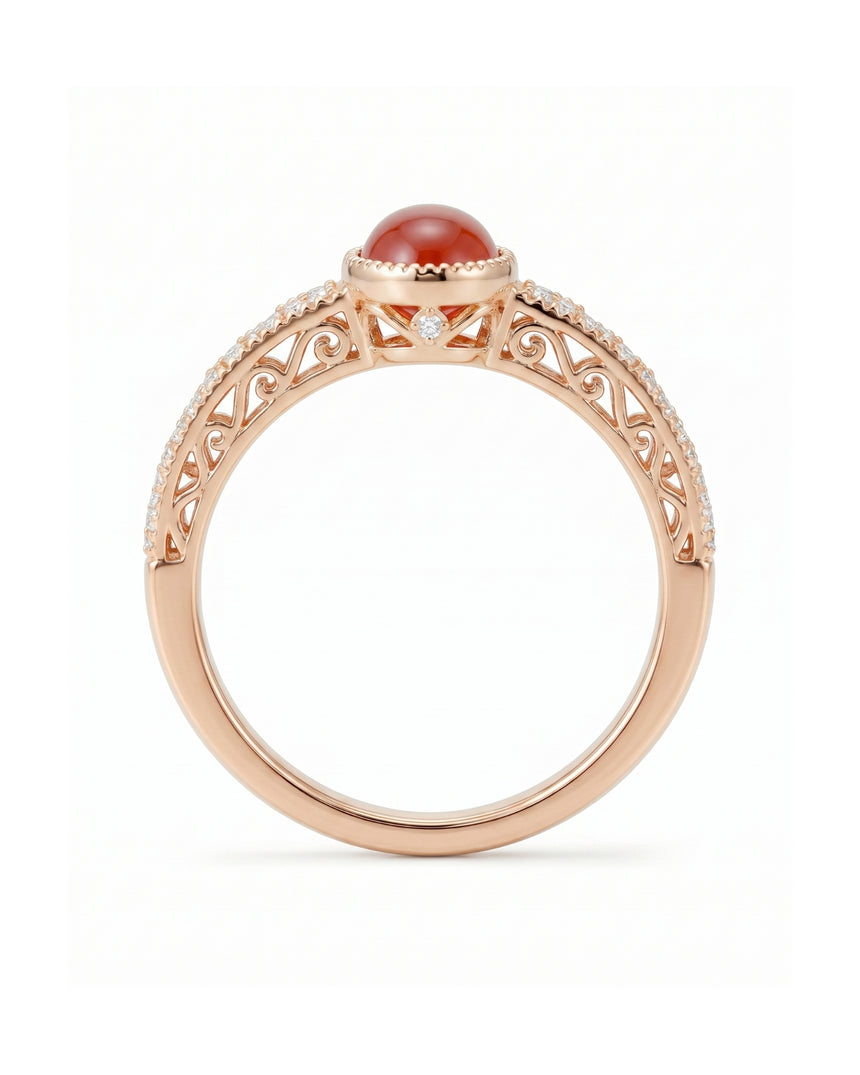 Oval cabochon natural ruby ring with diamond band detailing in 18K Rose Gold - SARATTI