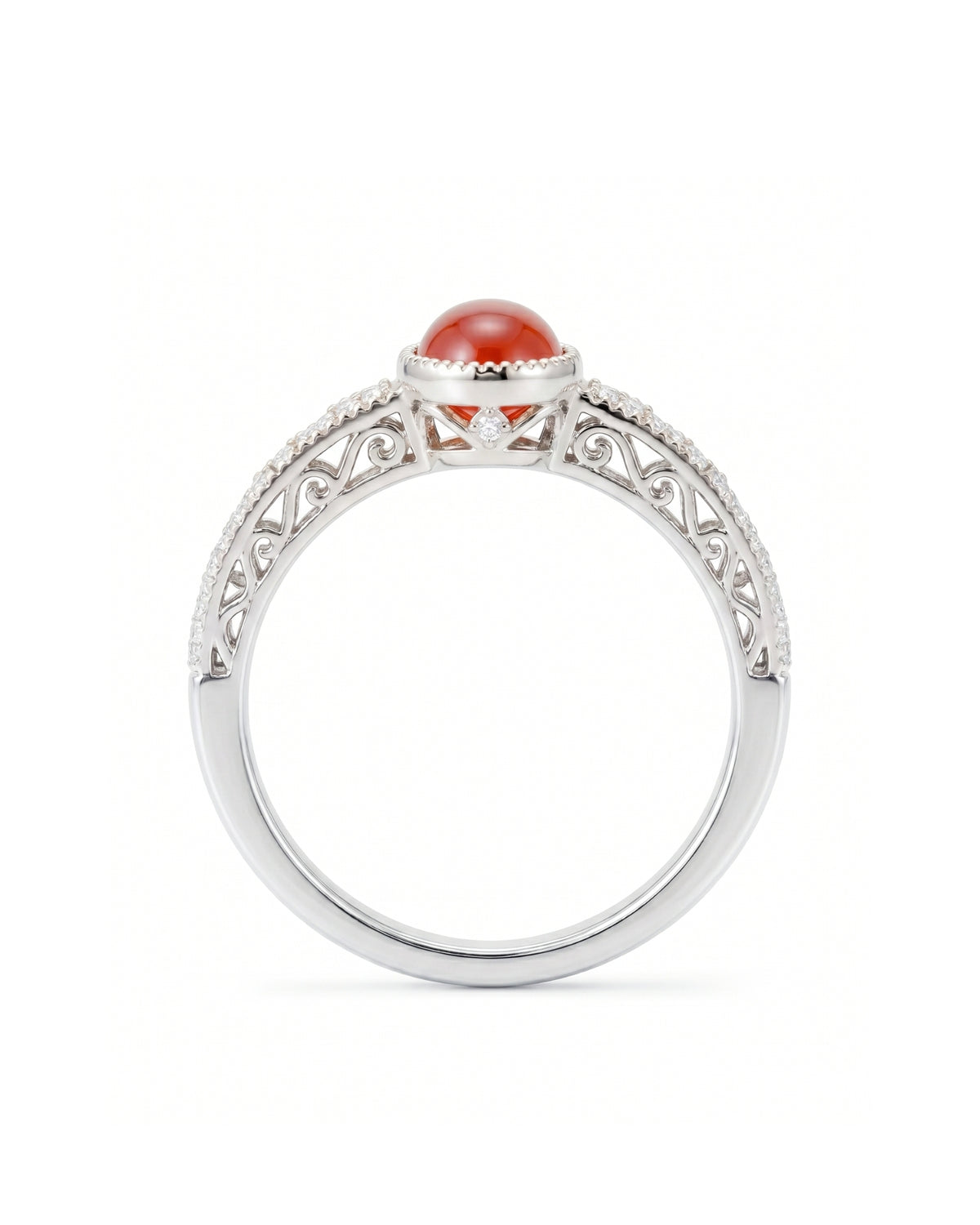 Oval cabochon natural ruby ring with diamond band detailing in 18K White Gold | SARATTI