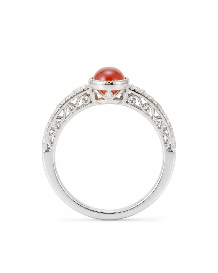 Oval cabochon natural ruby ring with diamond band detailing in Platinum | SARATTI