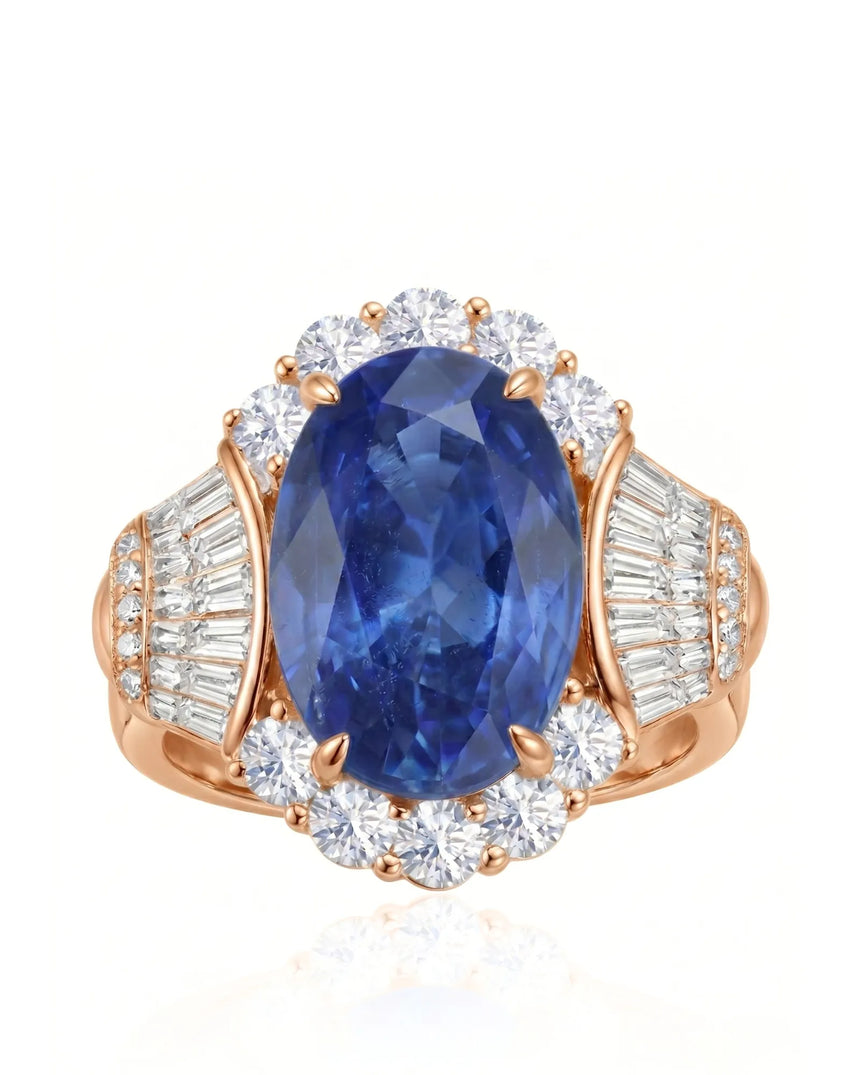 Oval cornflower blue sapphire ring with brilliant diamond halo in 18K rose gold | SARATTI