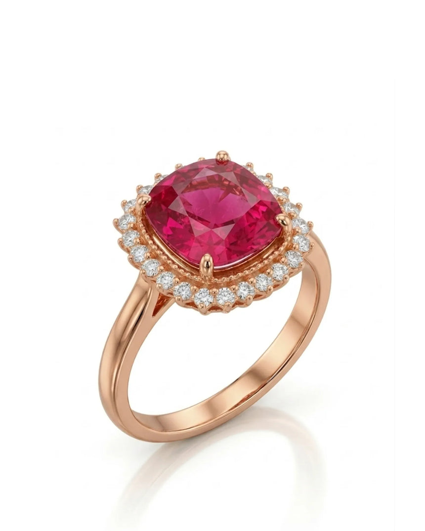 Oval crimson tourmaline ring with diamond halo in 18K rose gold | SARATTI