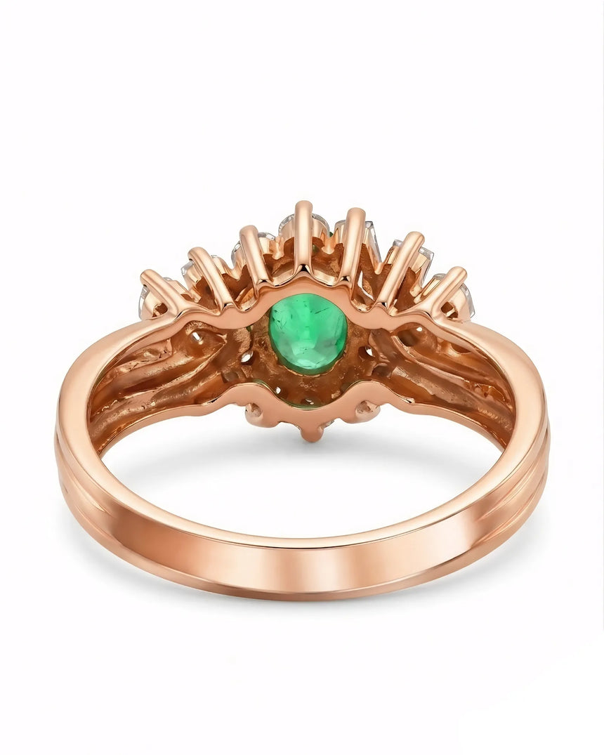 Oval cut natural emerald ring with round and baguette diamonds in rose gold | SARATTI