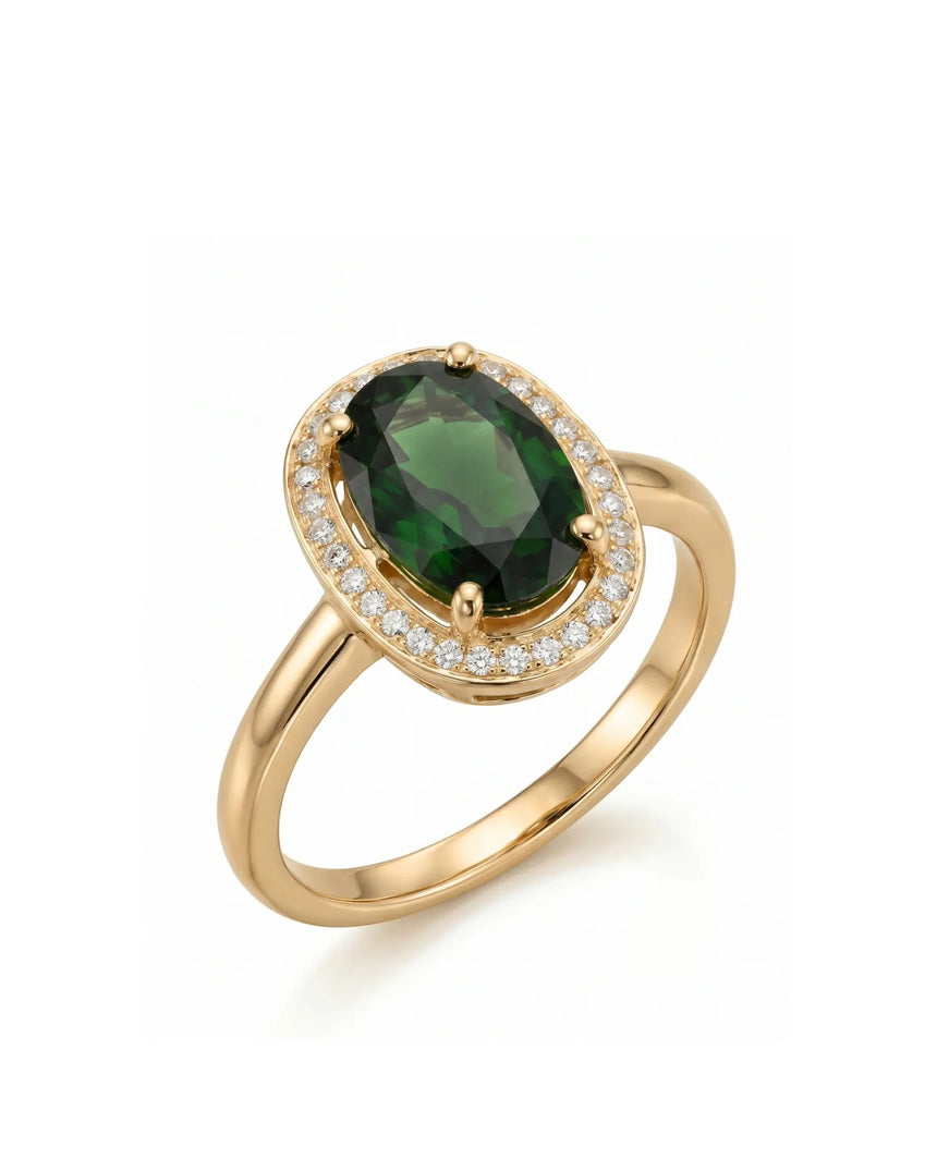 Oval green tourmaline ring with diamond halo in 18K yellow gold | SARATTI
