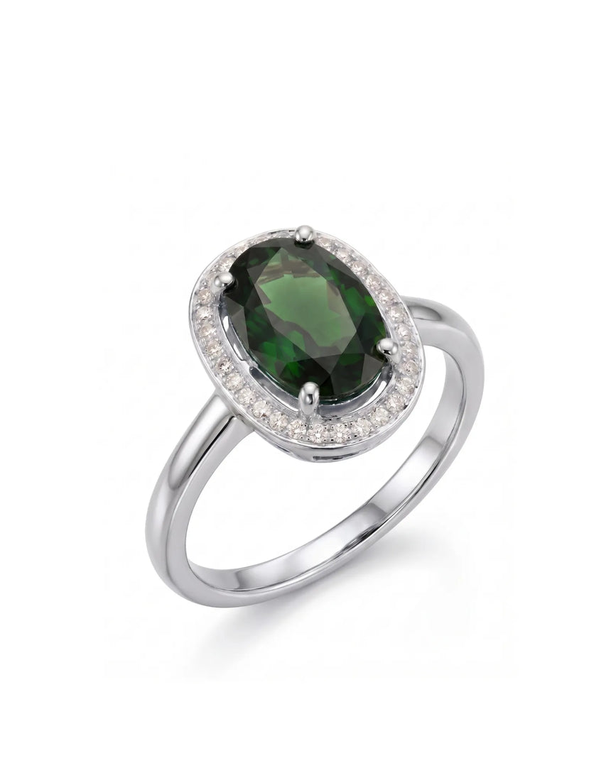 Oval green tourmaline ring with diamond halo in premium platinum | SARATTI