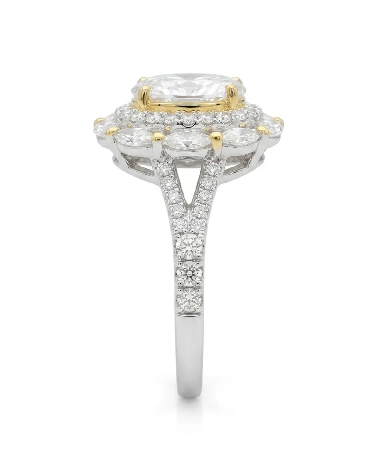 Oval halo moissanite engagement ring for a romantic proposal in polished two tone | SARATTI