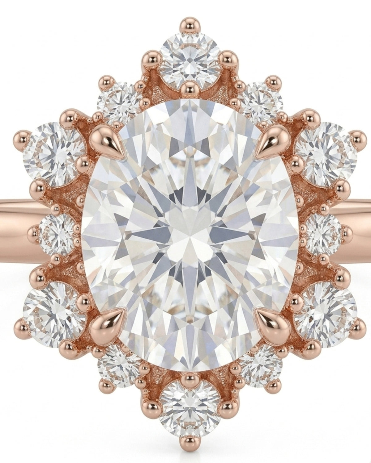 Oval halo moissanite engagement ring for a soft romantic proposal in 18K rose gold | SARATTI