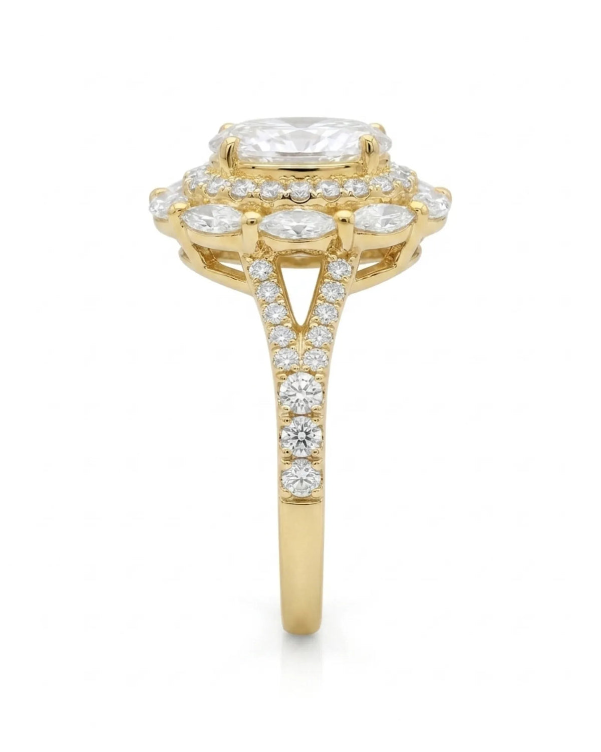 Oval halo moissanite engagement ring for a warm romantic proposal in yellow gold | SARATTI
