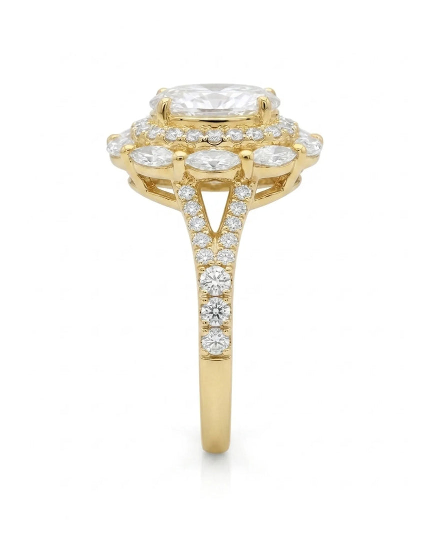 Oval halo moissanite engagement ring for a warm romantic proposal in yellow gold | SARATTI