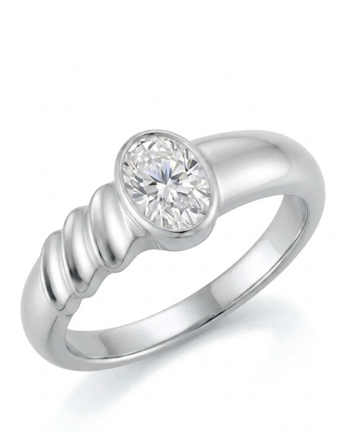 Oval moissanite engagement ring with bezel setting and sculpted wave band in 18K white gold | SARATTI