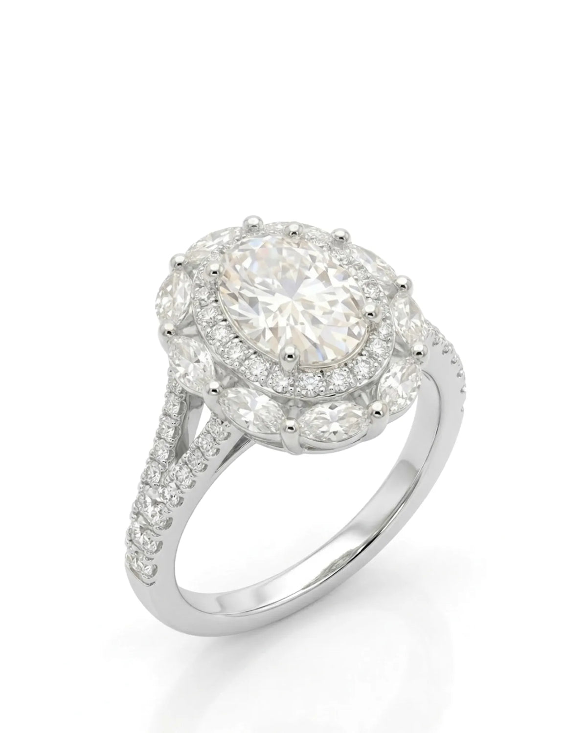 Oval moissanite engagement ring with round halo, marquise accents, and split shank in 18K white gold | SARATTI