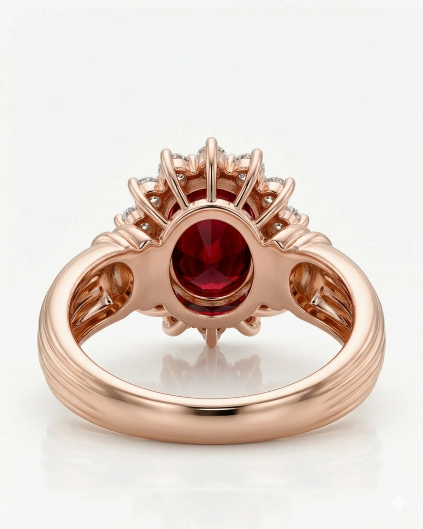 Oval natural ruby halo ring 1.2ct red ruby diamond halo ring rose gold sculpted band vintage fine jewelry | SARATTI