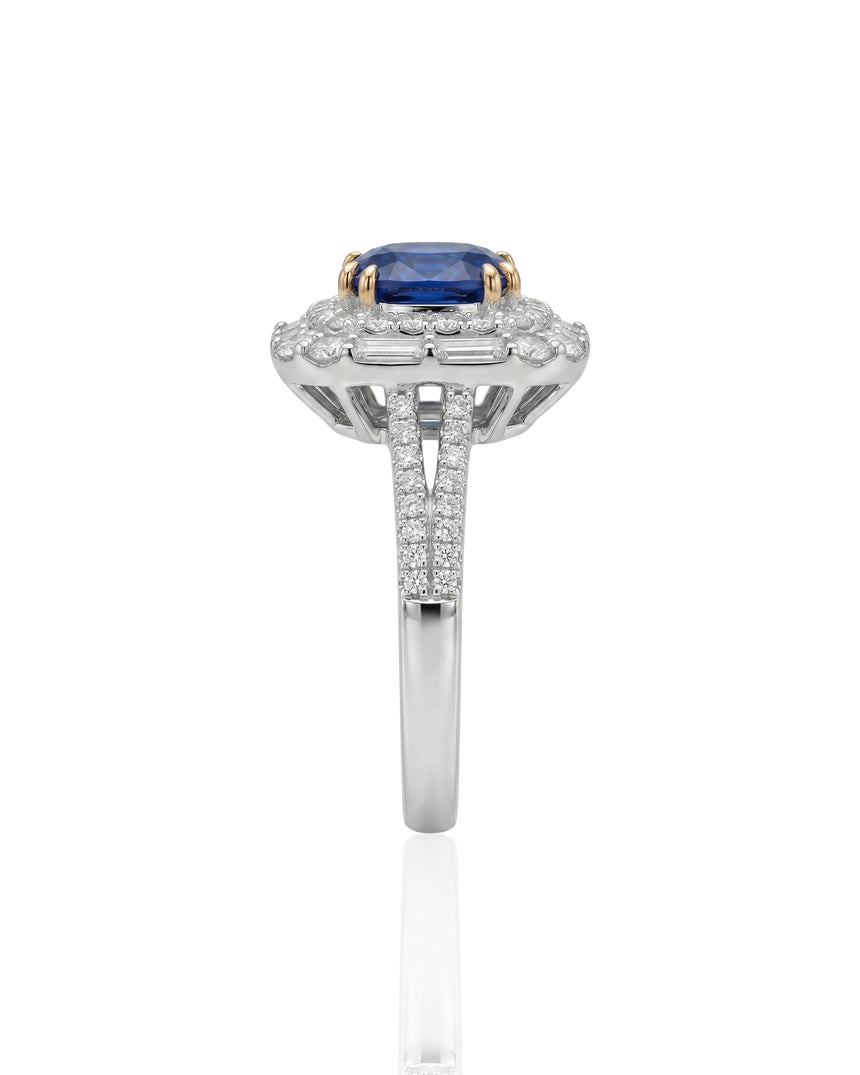 Oval natural sapphire statement ring with diamond halo in Platinum | SARATTI