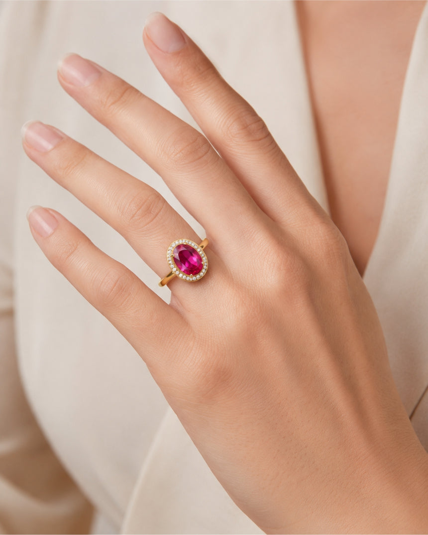 Oval pink tourmaline halo ring with natural diamonds in polished 18K Yellow Gold | SARATTI