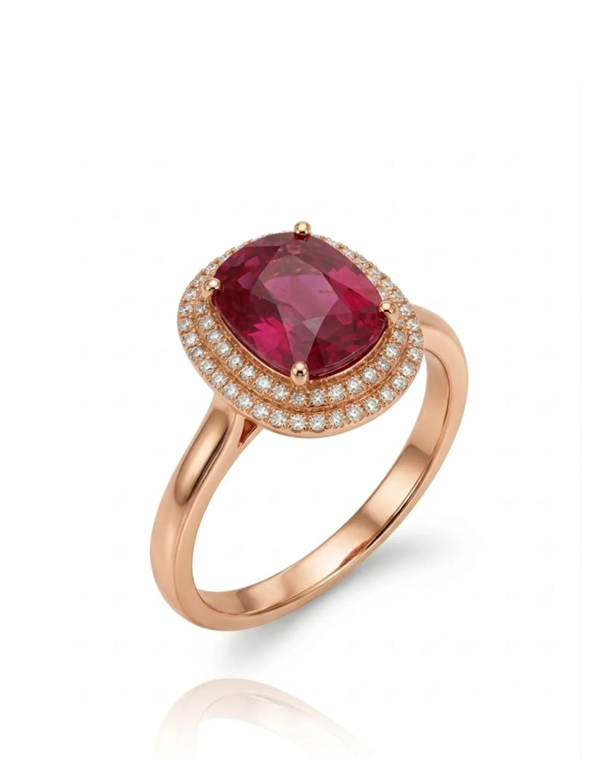 Oval pink tourmaline ring with double diamond halo in 18K rose gold | SARATTI