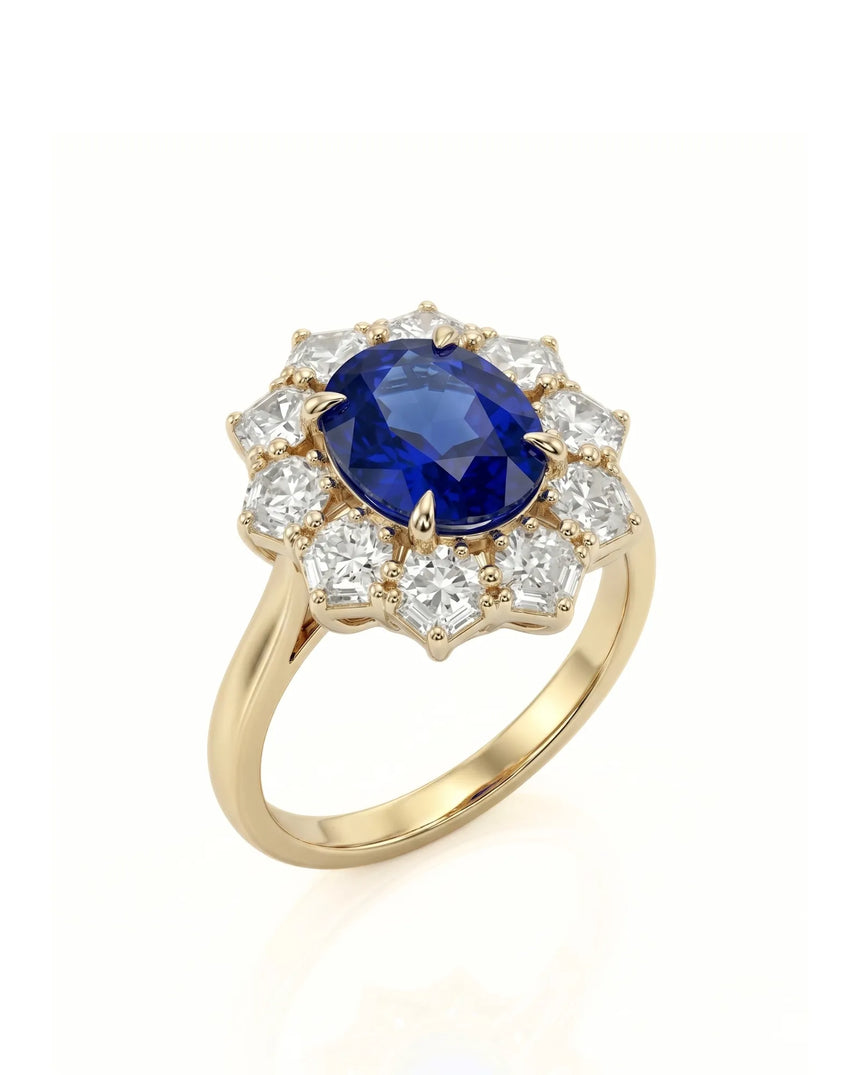 Oval royal blue sapphire ring with floral diamond halo in 18K yellow gold | SARATTI