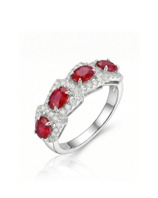 Oval ruby and diamond band with four red gemstones in 18K White Gold | SARATTI