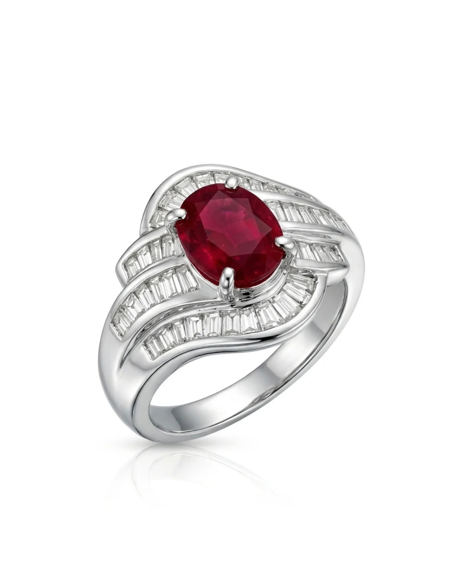Oval ruby baguette diamond wave ring with sculptural channels in polished platinum | SARATTI
