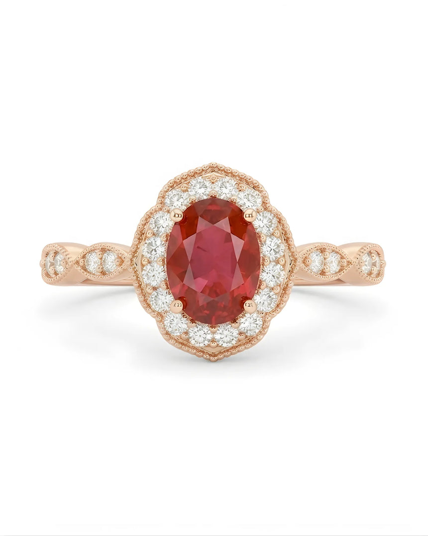 Oval ruby diamond halo ring scalloped frame rose gold | SARATTI