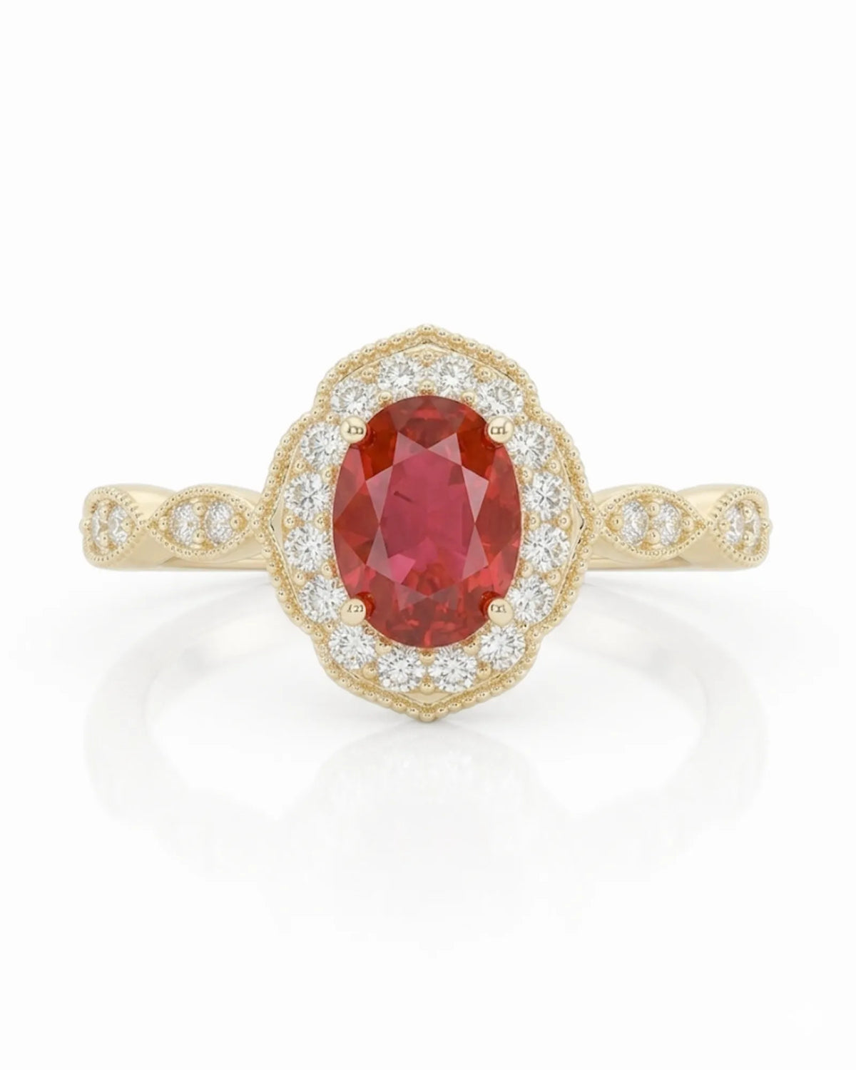 Oval ruby diamond halo ring scalloped frame yellow gold | SARATTI
