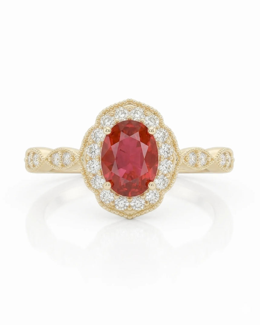 Oval ruby diamond halo ring scalloped frame yellow gold | SARATTI