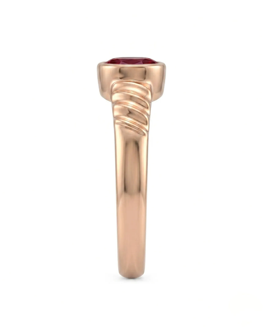 Oval ruby ring in 18K rose gold with romantic sculpted triple wave band | SARATTI