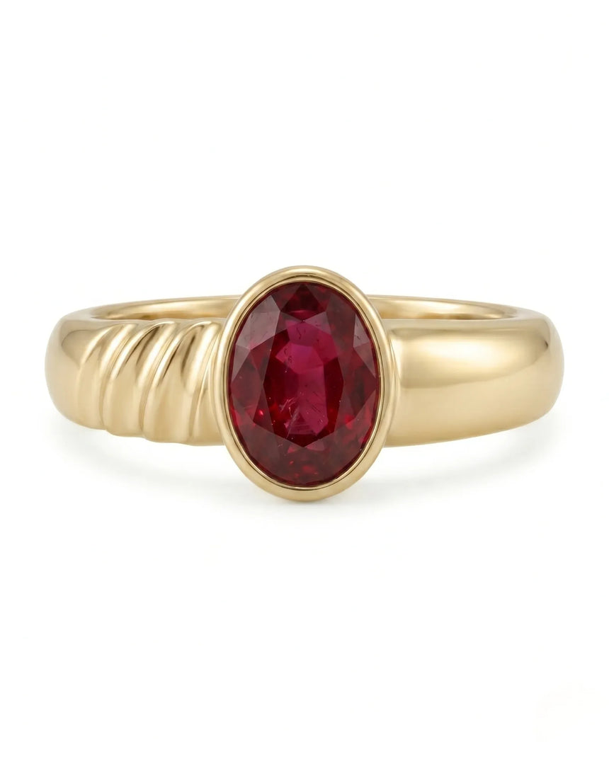 Oval ruby ring in 18K yellow gold with sculpted triple wave shoulder design | SARATTI