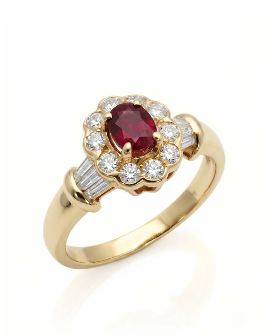 Oval ruby ring with diamond halo and baguette accents in 18K yellow gold | SARATTI