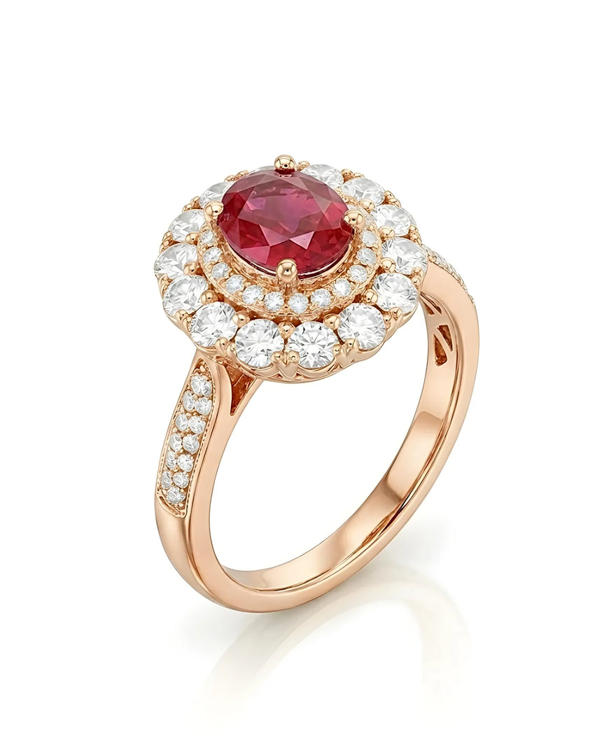 Oval ruby ring with double diamond halo and pavé shoulders in 18K Rose Gold | SARATTI