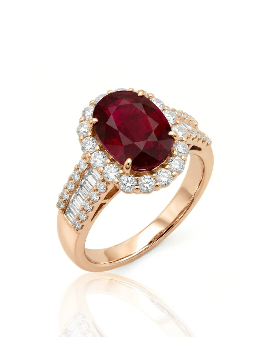 Oval ruby ring with double diamond halo in polished 18K rose gold | SARATTI