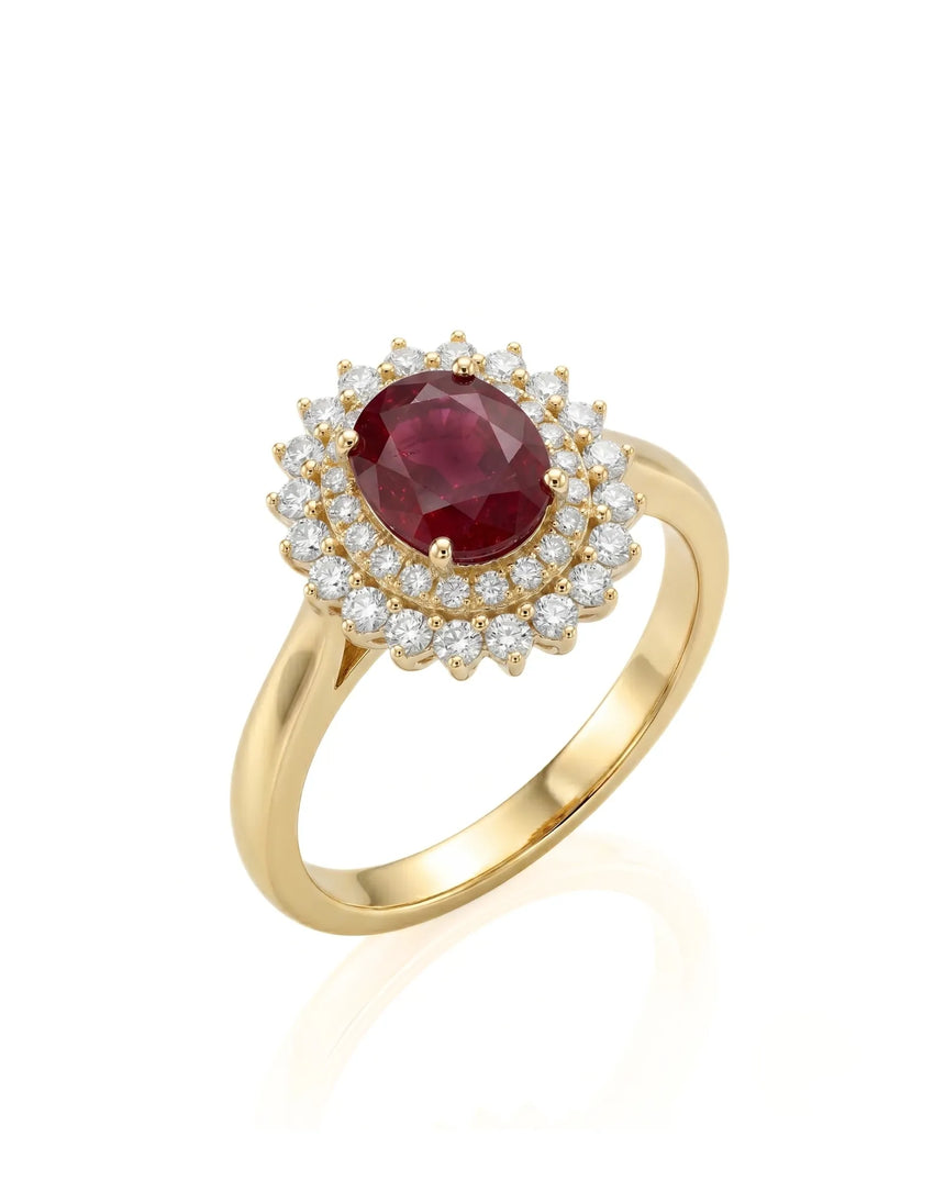 Oval ruby ring with double diamond halo in polished 18K yellow gold - SARATTI