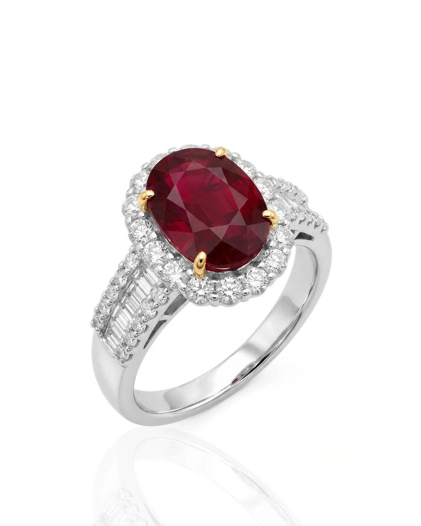 Oval ruby ring with double diamond halo in polished two tone | SARATTI