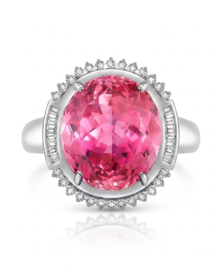 Oval tourmaline ring with round and baguette diamonds in elegant 18K white gold | SARATTI