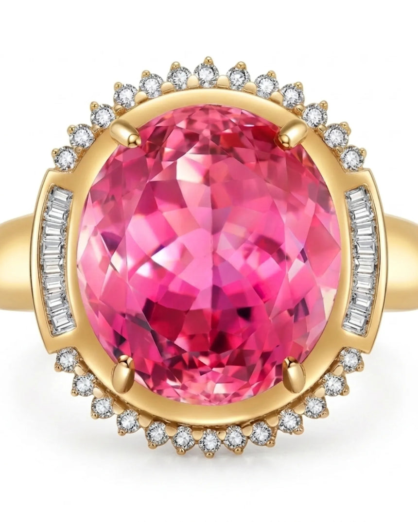Passion pink tourmaline ring with oval center stone and diamond halo in polished platinum | SARATTI