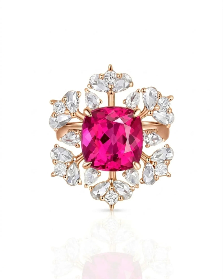 Passion pink tourmaline ring with sculptural diamond accents in 18K rose gold | SARATTI