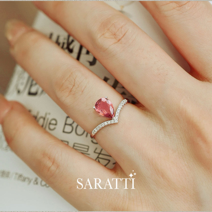 Model wears the White Gold Teardrop Tiara Pink Tourmaline Engagement Ring | Saratti Fine Jewelry