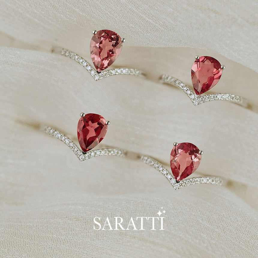 Four White Gold Teardrop Tiara Pink Tourmaline Engagement Rings | Saratti Fine Jewelry