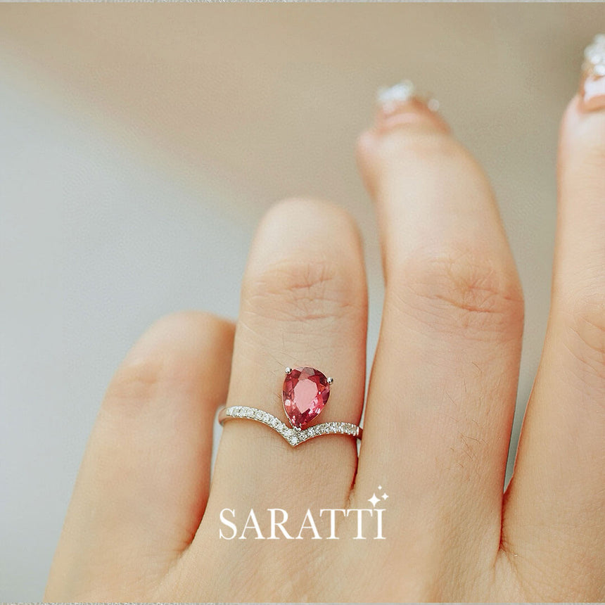 Centre Stone Perspective | Model Wears the White Gold Teardrop Tiara Pink Tourmaline Engagement Ring | Saratti Fine Jewelry