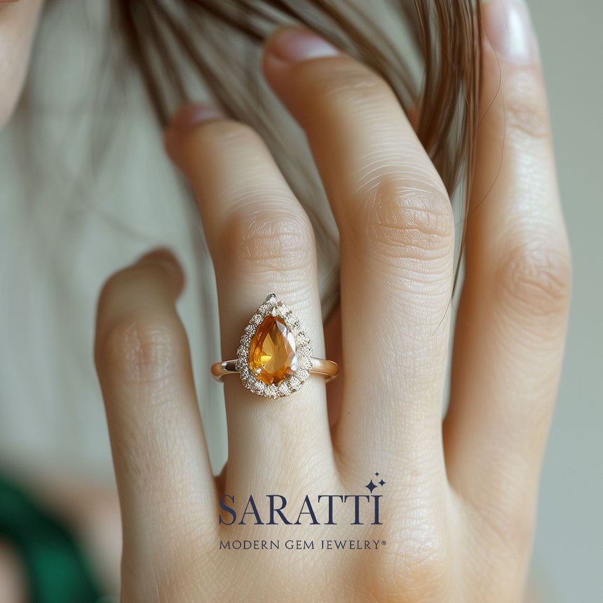 Pear Shape Imperial Topaz Ring on Finger | Saratti Jewelry