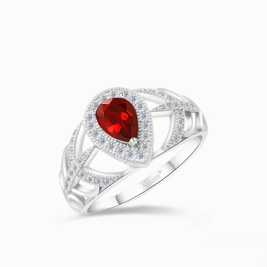Pear Cut Pigeon Blood Natural Ruby Ring in 18K White Gold | Saratti