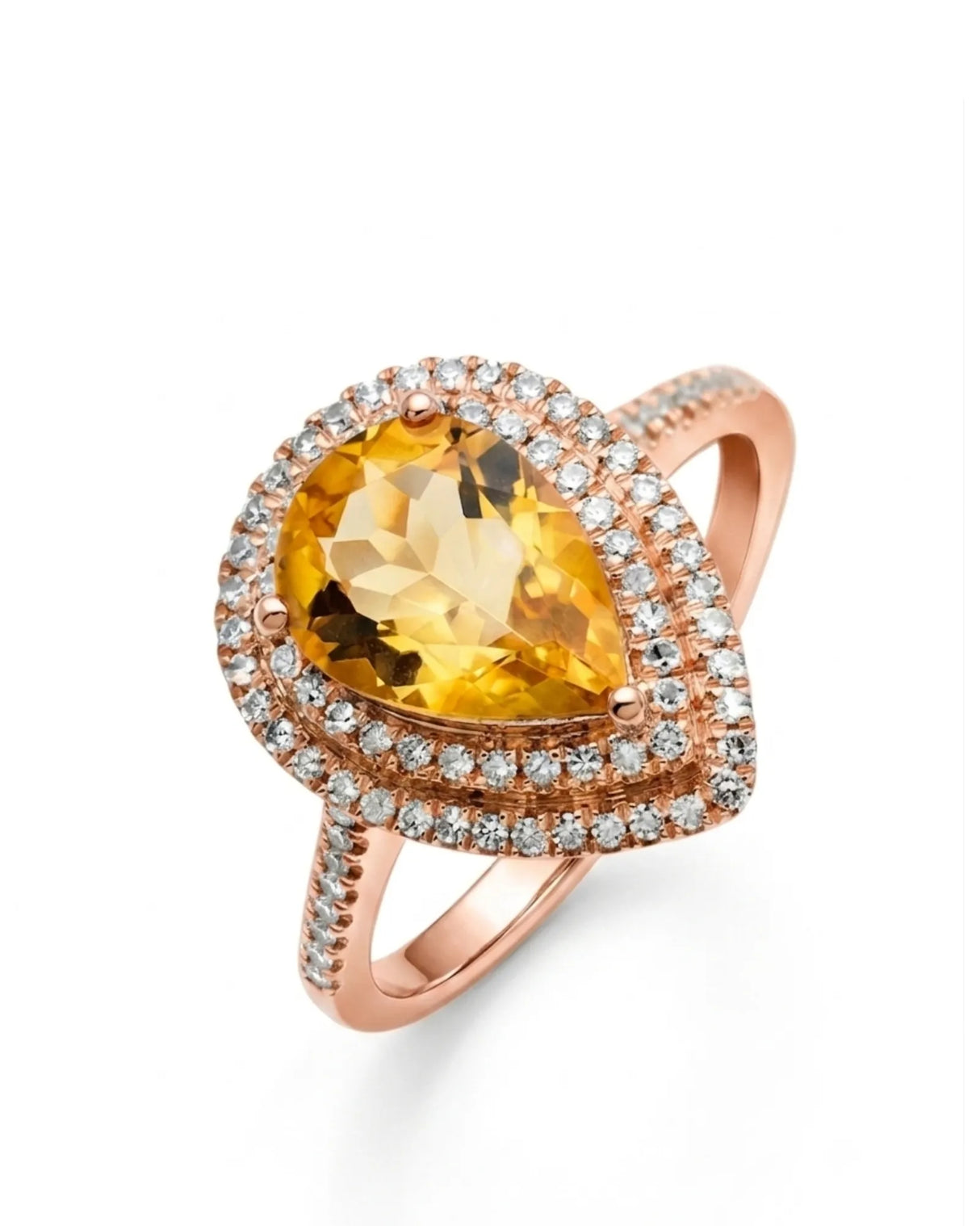 Pear-shaped natural citrine ring with double diamond halo and pavé band in 18K rose gold | SARATTI