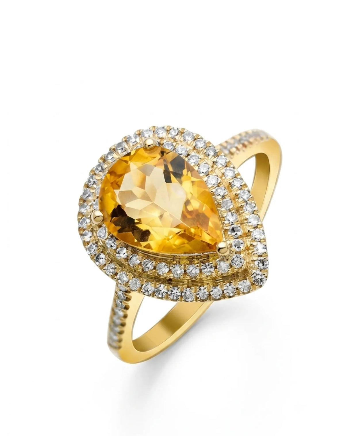 Pear-shaped natural citrine ring with double diamond halo and pavé band in 18K yellow gold | SARATTI