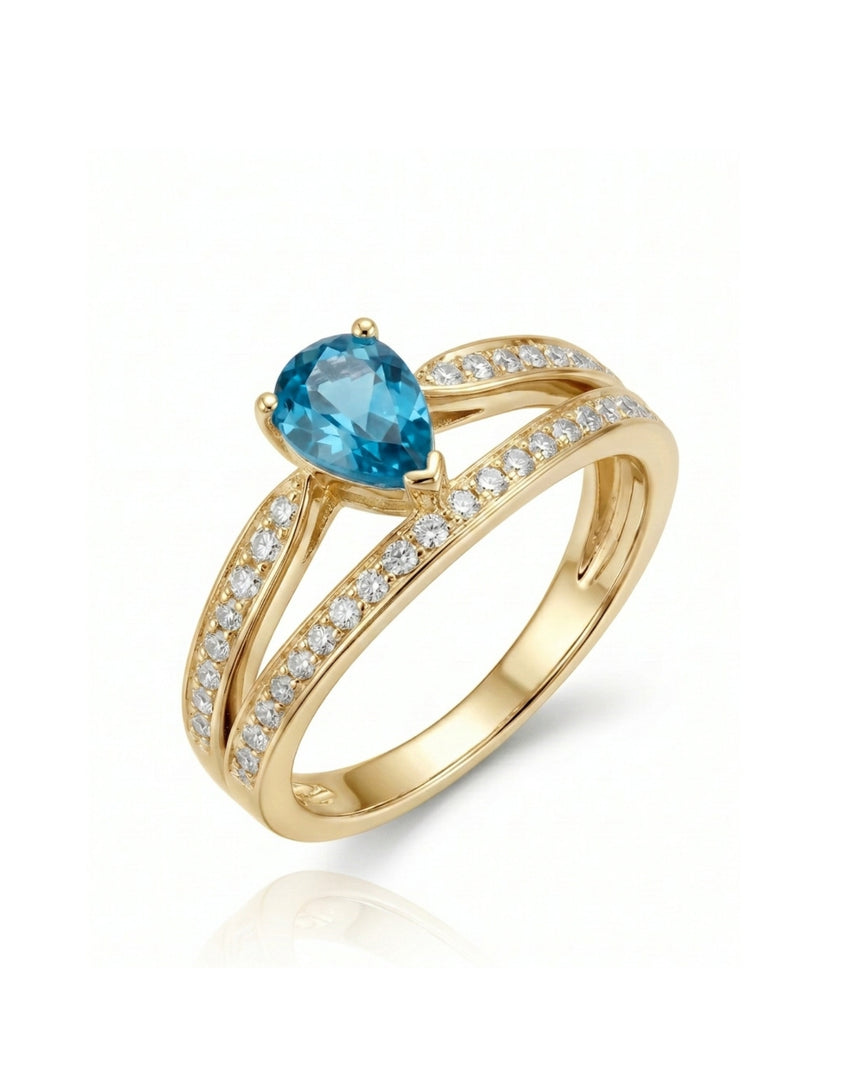 Pear cut aquamarine split shank ring with diamond accents in 18K Yellow Gold | SARATTI