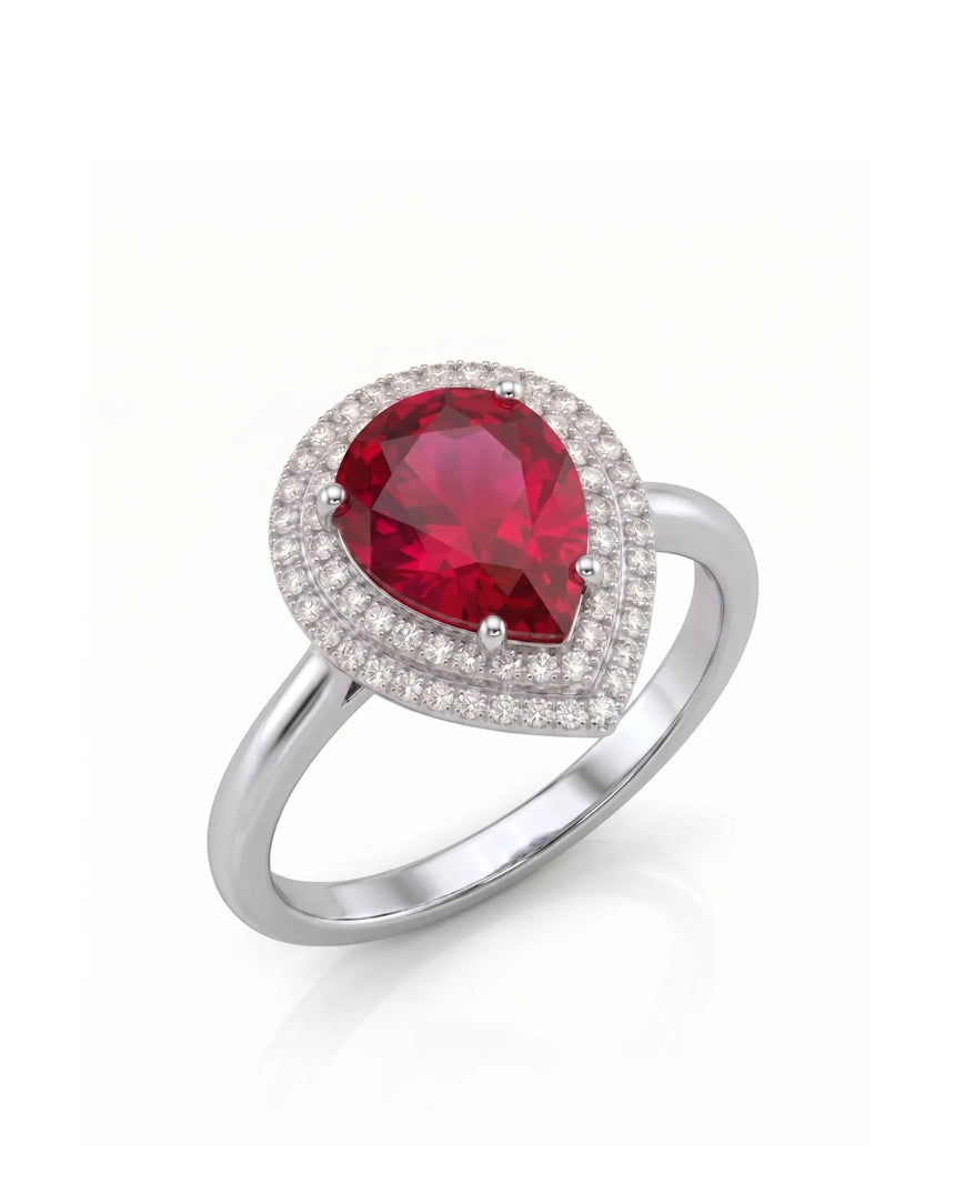 Pear red-pink tourmaline ring with double diamond halo in 18K white gold - SARATTI